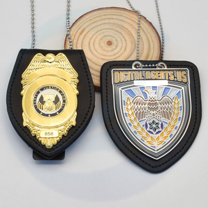 Oem factory price security officer badge gold 3D enamel pin with leather set