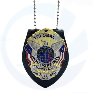 15 years Factory Custom Metal security badge with Leather wallet holder